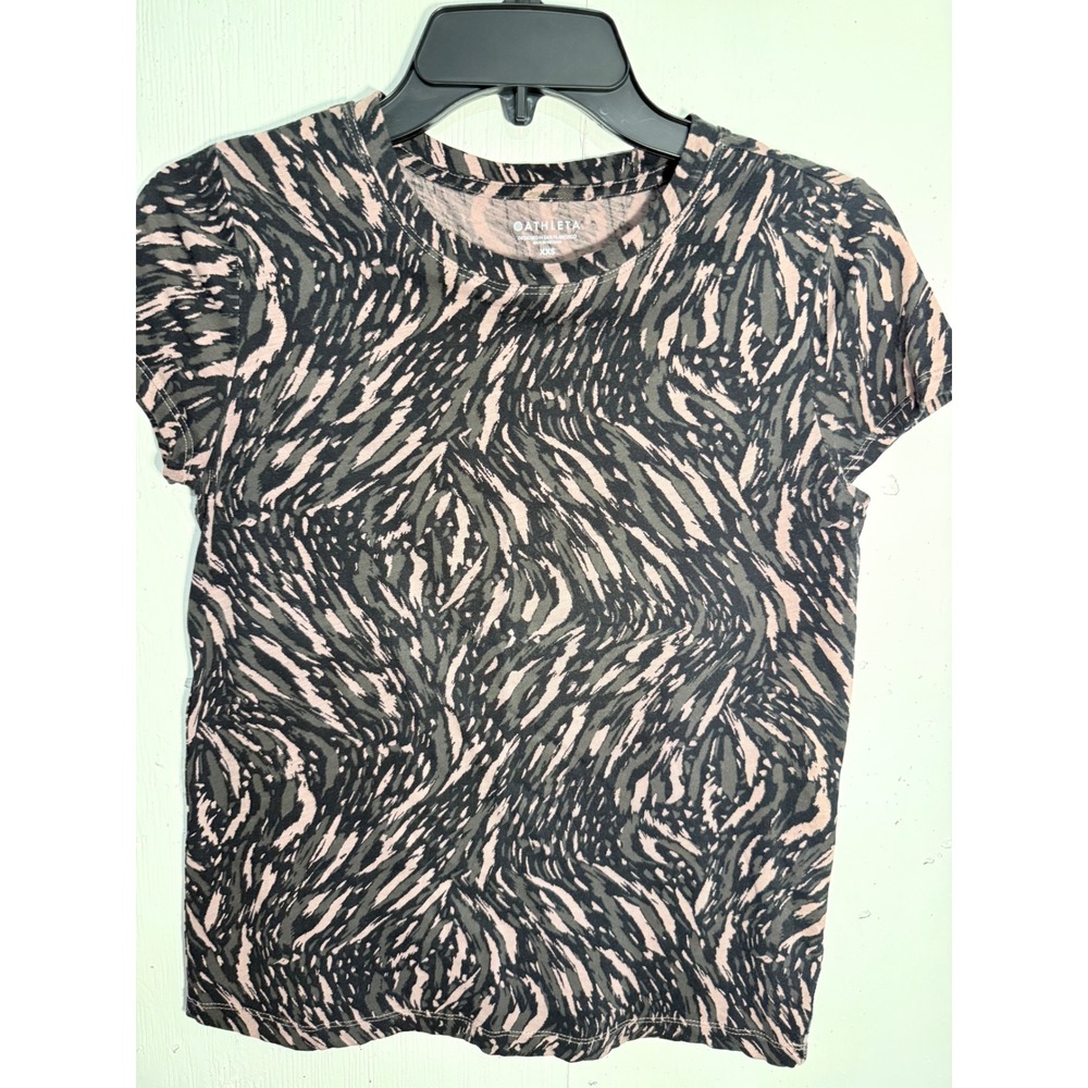Athleta Pink Grey Abstract Zebra Print Cotton Crewneck T-Shirt XXS RN 54023 - Picture 5 of 7